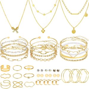 NEWITIN 49 Pcs Gold Jewelry Set for Women Hypoallergenic Bohemian Jewelry Fashion Costume Jewelry, Gold Plated Necklace Bracelet Earrings Set for Women, Party Daily Prom Beach Jewelry Set, Women Gift