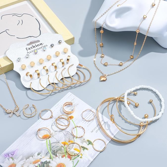 NEWITIN 49 Pcs Gold Jewelry Set for Women Hypoallergenic Bohemian Jewelry Fashion Costume Jewelry, Gold Plated Necklace Bracelet Earrings Set for Women, Party Daily Prom Beach Jewelry Set, Women Gift - Image 3