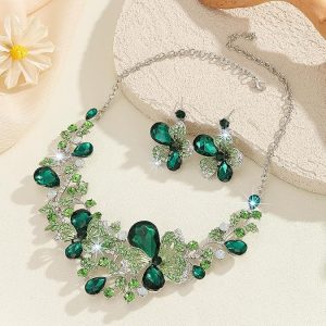 Missgrace Retro Indian Green Colorful Rhinestones Flower Bridal Wedding Jewelry Sets Crystal Pink Choker Necklace Earrings Set Prom Chunky Floral Bar Party Dainty Necklace Earrings for Women