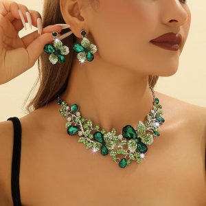 Alternative view of Missgrace Retro Indian Green Colorful Rhinestones Flower Bridal Wedding Jewelry Sets Crystal Pink Choker Necklace Earrings Set Prom Chunky Floral Bar Party Dainty Necklace Earrings for Women