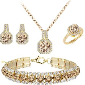 Paxuan 4pcs Cubic Zirconia Wedding Jewelry Sets for Bride Bridesmaid Cubic Zirconia Pendant Necklace Earrings Link Tennis Bracelet Open Ring Set for Women