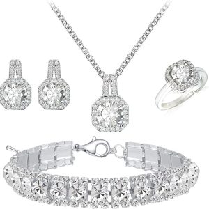 Alternative view of Paxuan 4pcs Cubic Zirconia Wedding Jewelry Sets for Bride Bridesmaid Cubic Zirconia Pendant Necklace Earrings Link Tennis Bracelet Open Ring Set for Women