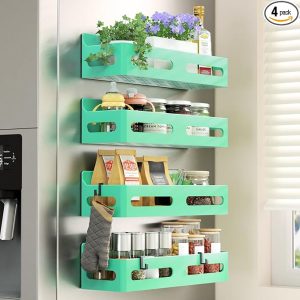 Sevenblue 4-Pack Magnetic Spice Rack for Refrigerator with Hooks, Green