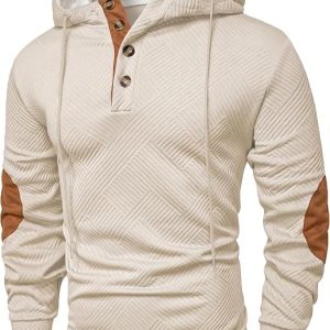JMIERR Men's Cotton Textured Vintage Quarter-Button Casual Henley Hoodie