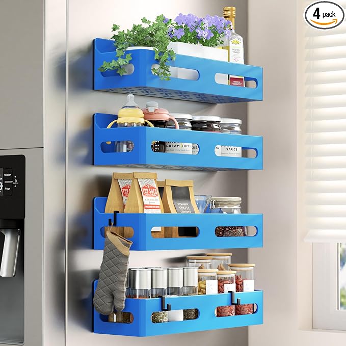 Sevenblue 4-Pack Magnetic Spice Rack for Refrigerator with Hooks, Green - Image 3