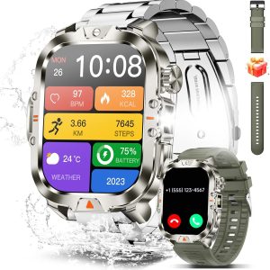 Smart Watch for Men Military Answer/Make Call 2.01″ Display 170+ Sports Modes Fitness Smart Watch IP68 Waterproof 30 Days Standby Smartwatch for Android iOS Silver (2 Straps)